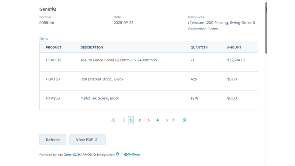 Screenshot showing information retrieved from the GenetiQ/HARMONiQ API displayed within HubSpot